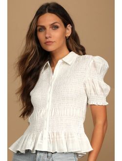 Sophisticated Sweetie White Smocked Puff Sleeve Button-Up Top