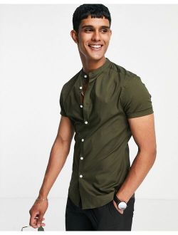 skinny fit shirt with band collar in khaki