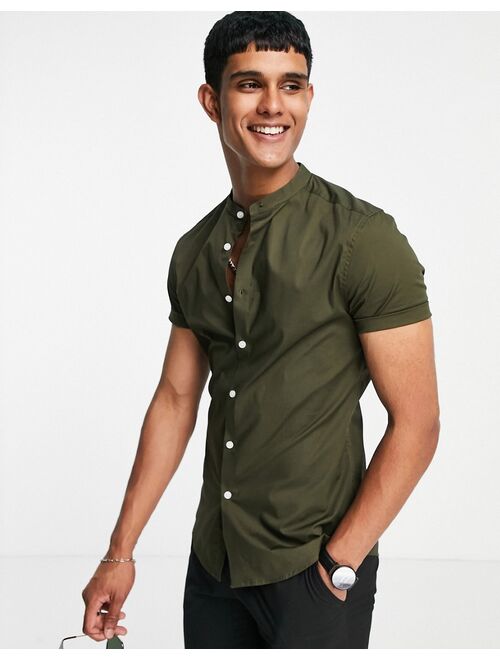 Asos Design skinny fit shirt with band collar in khaki