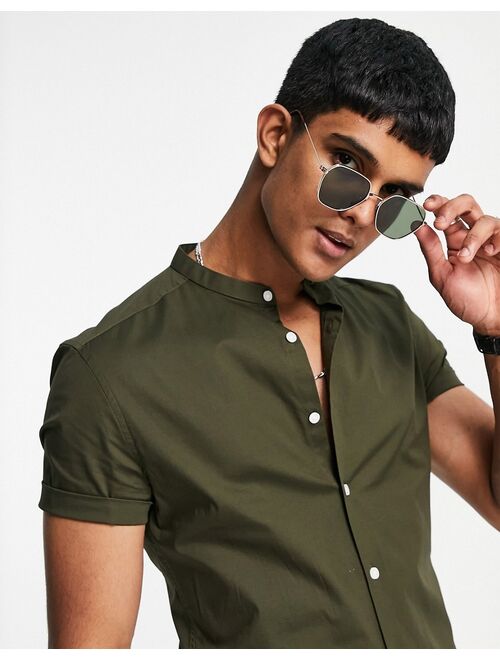 Asos Design skinny fit shirt with band collar in khaki