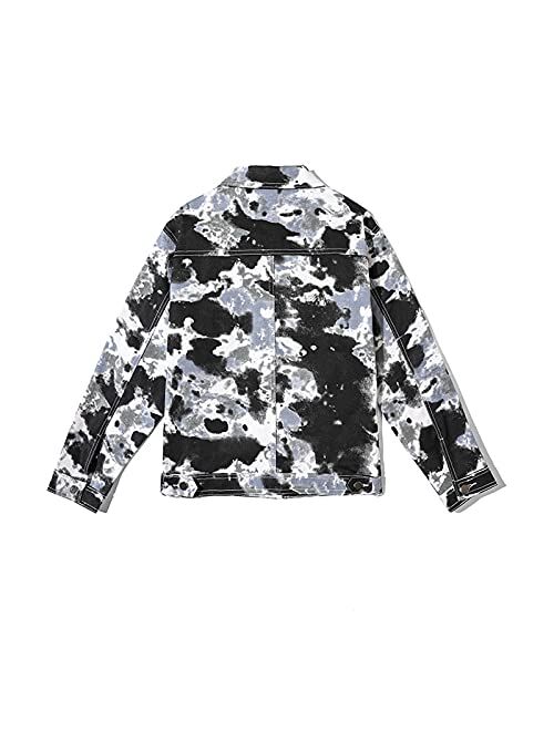 Tie Dye Jean Jacket for Men Button Up Classic Fashion Denim Trucker Jean Jacket Fall Long Sleeve Casual Printed Outwear