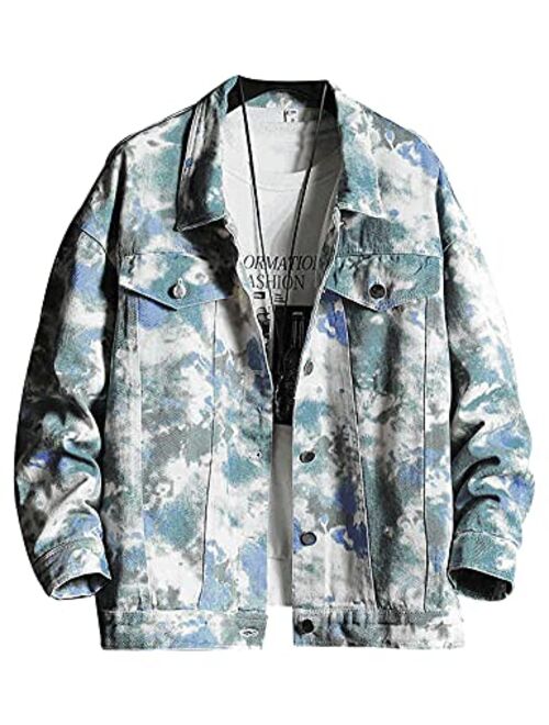 Gihuo Men’s Fall Fashion Long Sleeve Tie Dye Denim Jacket Casual Coat