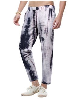 Men's Casual Cotton Linen Pants Fashion Tie-Dye Elastic Waist Jogger Long Beach Yoga Pants Trousers