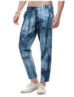 Men's Casual Cotton Linen Pants Fashion Tie-Dye Elastic Waist Jogger Long Beach Yoga Pants Trousers