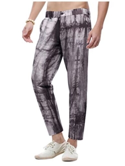 Men's Casual Cotton Linen Pants Fashion Tie-Dye Elastic Waist Jogger Long Beach Yoga Pants Trousers