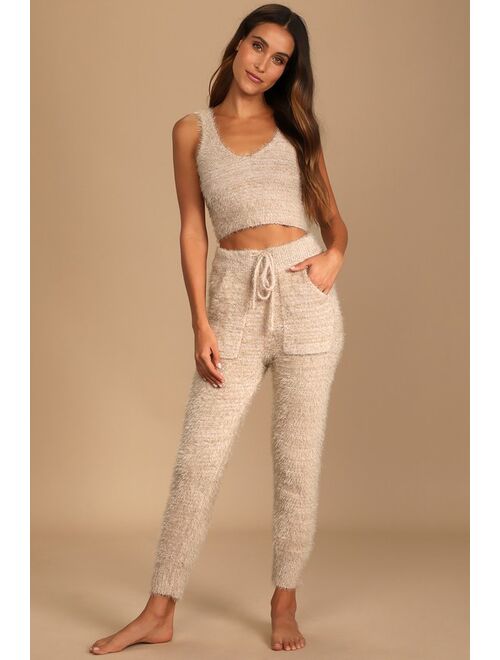 Lulus Road to Cozy Taupe Fuzzy Drawstring Joggers