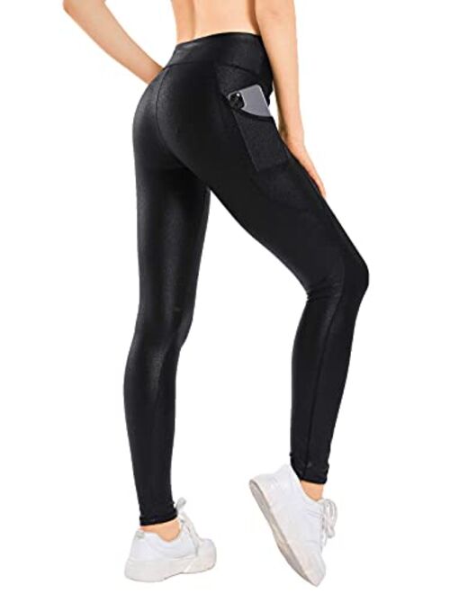 Retro Gong Womens Faux Leather Leggings Stretch High Waisted Pleather Yoga Pants with Pockets