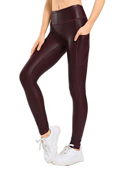 Retro Gong Womens Faux Leather Leggings Stretch High Waisted Pleather Yoga Pants with Pockets