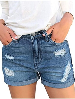 CHICZONE Women's Denim Shorts Mid Rise Ripped Jean Shorts Stretchy Folded Hem Hot Short Jeans