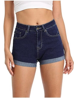 CHICZONE Women's Denim Shorts Mid Rise Ripped Jean Shorts Stretchy Folded Hem Hot Short Jeans