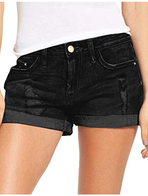 CHICZONE Women's Denim Shorts Mid Rise Ripped Jean Shorts Stretchy Folded Hem Hot Short Jeans