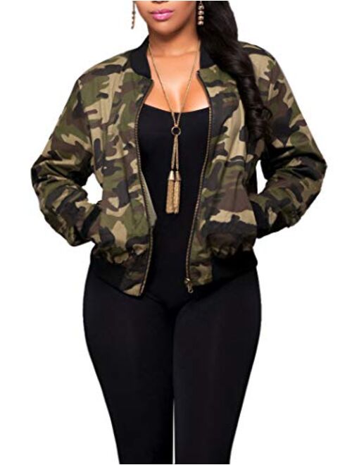 SheKiss Women Camouflage Paint Lightweight Jackets Long Sleeve Zipper Canvas Camo with Pockets