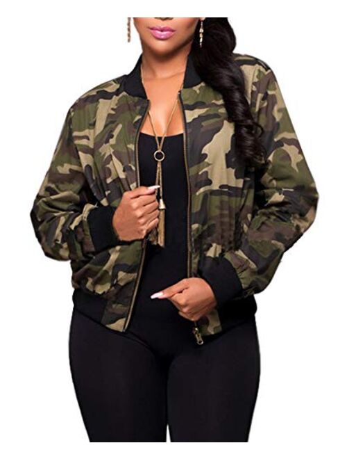 SheKiss Women Camouflage Paint Lightweight Jackets Long Sleeve Zipper Canvas Camo with Pockets