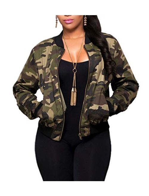 SheKiss Women Camouflage Paint Lightweight Jackets Long Sleeve Zipper Canvas Camo with Pockets