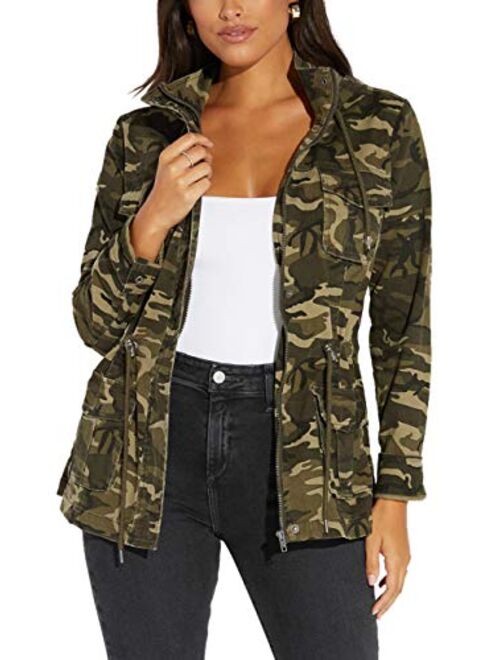 SheKiss Women Camouflage Paint Lightweight Jackets Long Sleeve Zipper Canvas Camo with Pockets