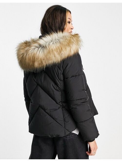 Topshop padded coat with faux fur hood in black