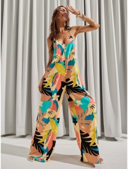 LUUKSE Backless All Over Print Wide Leg Cami Jumpsuit