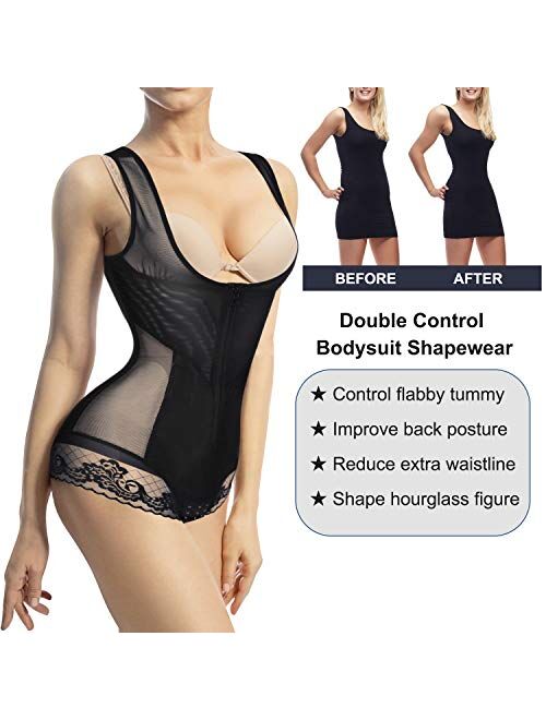 Nebility Women Waist Trainer Bodysuit Double Slim Full Body Shapewear Breathable Smooth Corset