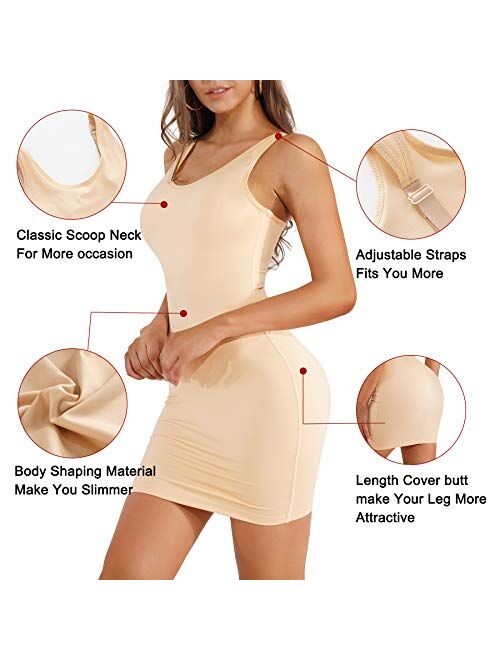 REYEOGO Women Full Slip Shapewear Dress Adjustable Spaghetti Strap Dresses Tummy Control Camisole Slip Dress Body Shaper