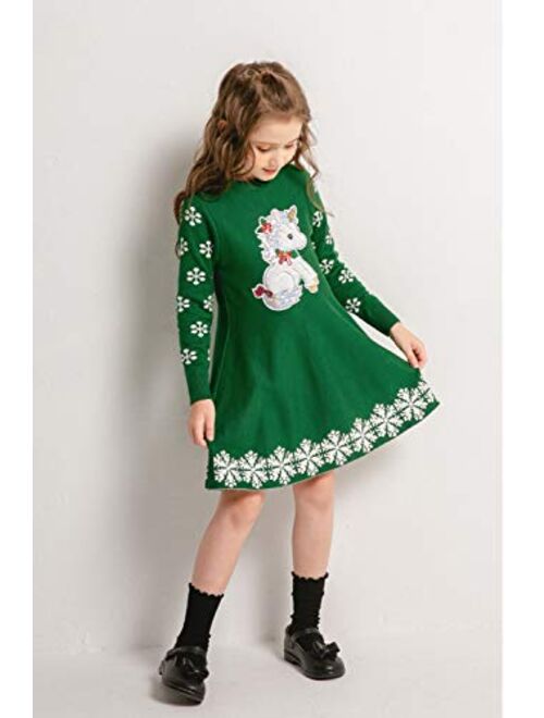 SMILING PINKER Girls Christmas Knit Sweater Dress Unicorn Snowflake Xmas Gifts Winter