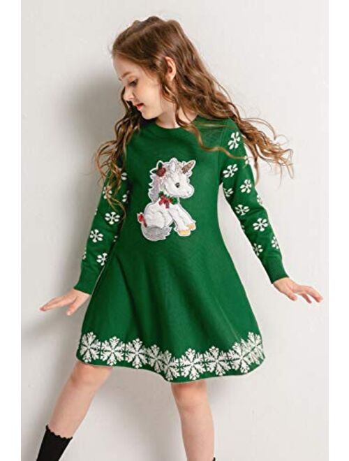 SMILING PINKER Girls Christmas Knit Sweater Dress Unicorn Snowflake Xmas Gifts Winter