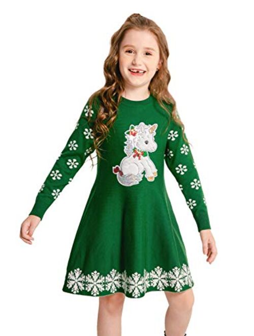 SMILING PINKER Girls Christmas Knit Sweater Dress Unicorn Snowflake Xmas Gifts Winter