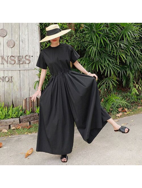 TVVOVVIN 2020 New Summer Fashion Women Clothes Short Sleeves Round Neck High Waist Jumpsuit Full Length Loose Fashion V009