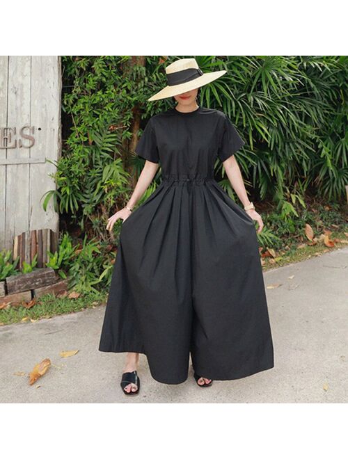 TVVOVVIN 2020 New Summer Fashion Women Clothes Short Sleeves Round Neck High Waist Jumpsuit Full Length Loose Fashion V009