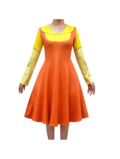 Broadmix Girl Doll Costume, Red Light Green Light Game Costume Dress for Girls,Role Playing Orange Dress with Mask