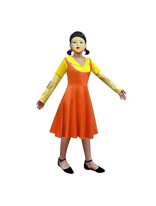 Broadmix Girl Doll Costume, Red Light Green Light Game Costume Dress for Girls,Role Playing Orange Dress with Mask