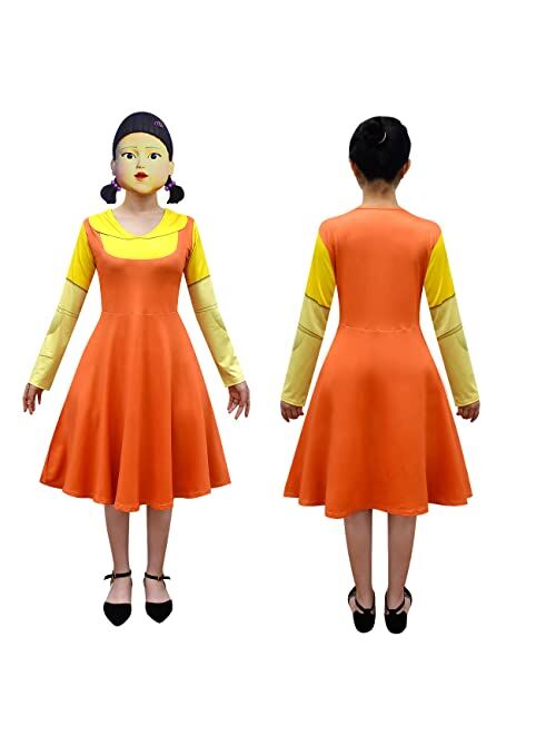 Broadmix Girl Doll Costume, Red Light Green Light Game Costume Dress for Girls,Role Playing Orange Dress with Mask