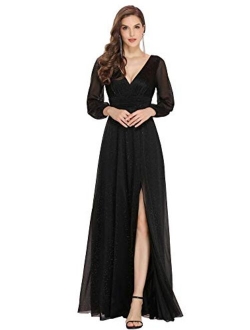 Women's V-Neck Front Wrap High Thigh Slit Evening Dress 0739