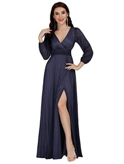 Women's V-Neck Front Wrap High Thigh Slit Evening Dress 0739