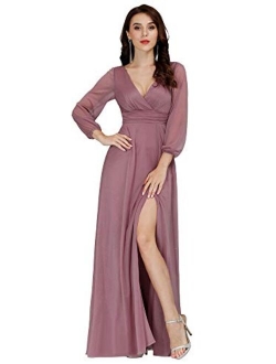 Women's V-Neck Front Wrap High Thigh Slit Evening Dress 0739