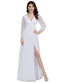 Women's V-Neck Front Wrap High Thigh Slit Evening Dress 0739