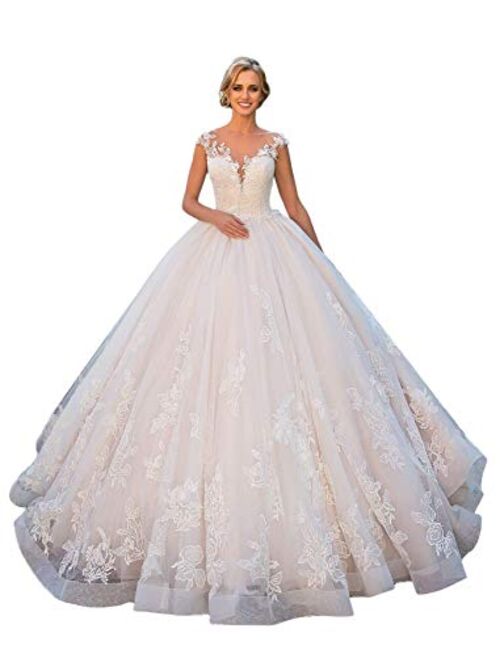 RYANTH New Women's Long Sleeves O Neck Lace Ball Gown Wedding Dress Bridal Gowns R12