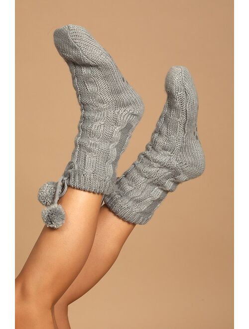 Lulus Cozy Charm Grey Cable Knit Pom Pom Socks