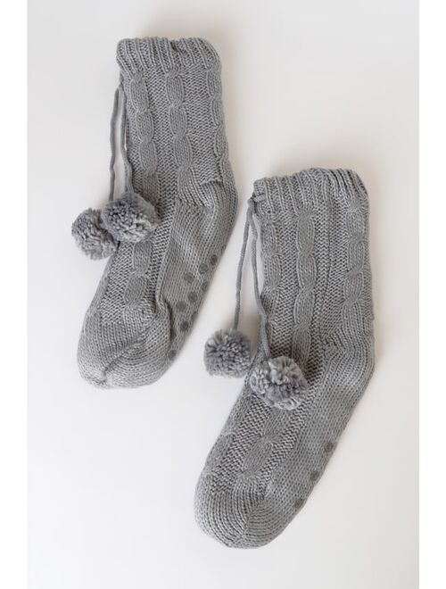 Lulus Cozy Charm Grey Cable Knit Pom Pom Socks