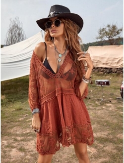 Contrast Lace Plunging Cover Up