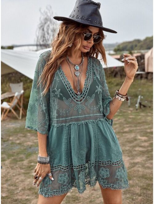 Shein Contrast Lace Plunging Cover Up
