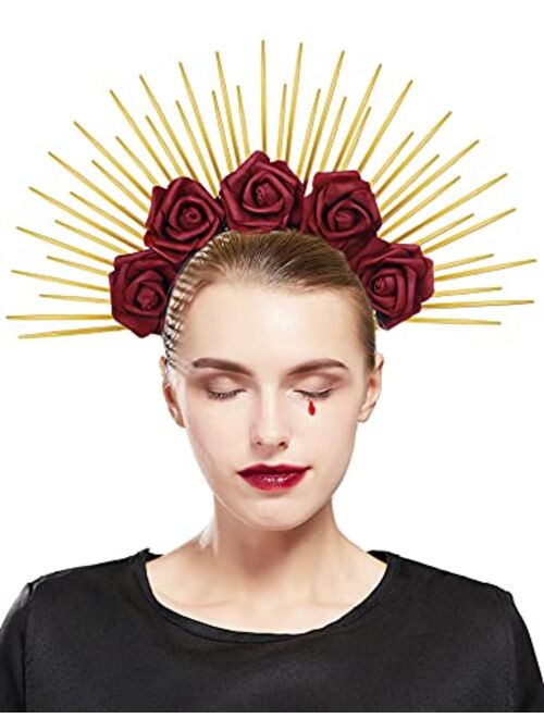 Fantherin Roses Halo Crown Flower Goddess Headpiece Rose Spiked Halo Crown Headpiece