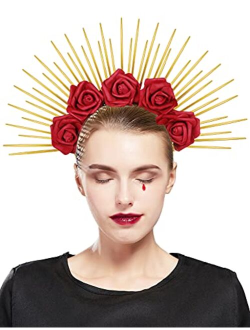 Fantherin Roses Halo Crown Flower Goddess Headpiece Rose Spiked Halo Crown Headpiece