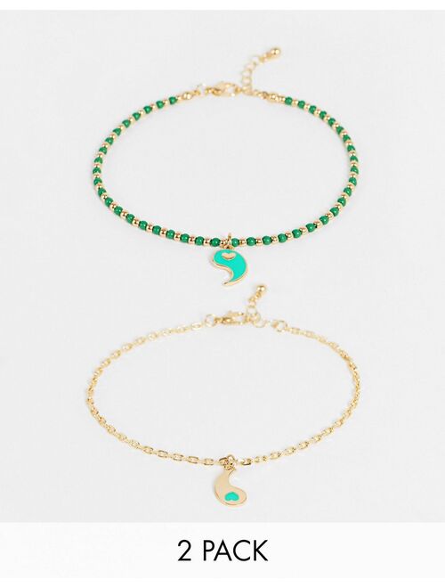 Reclaimed Vintage inspired unisex 90's anklet with yin yang charms in gold and green