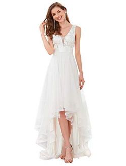 Women's V-Neck Sleeveless Appliques High Low Evening Party Dress 0793