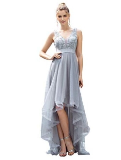 Women's V-Neck Sleeveless Appliques High Low Evening Party Dress 0793