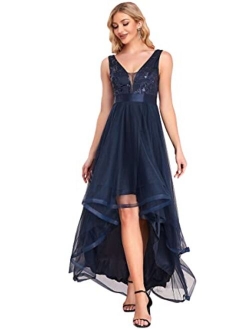 Women's V-Neck Sleeveless Appliques High Low Evening Party Dress 0793