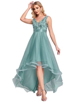 Women's V-Neck Sleeveless Appliques High Low Evening Party Dress 0793