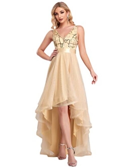 Women's V-Neck Sleeveless Appliques High Low Evening Party Dress 0793