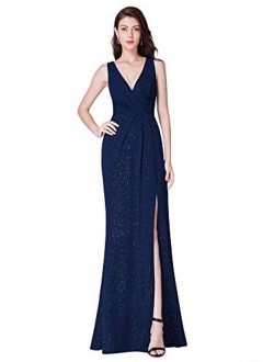 Women's V-Neck Glitter Dress Side Split Evening Dress 7505