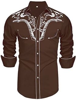 Daupanzees Men's Long Sleeve Embroidered Shirts Slim Fit Casual Button Down Shirt